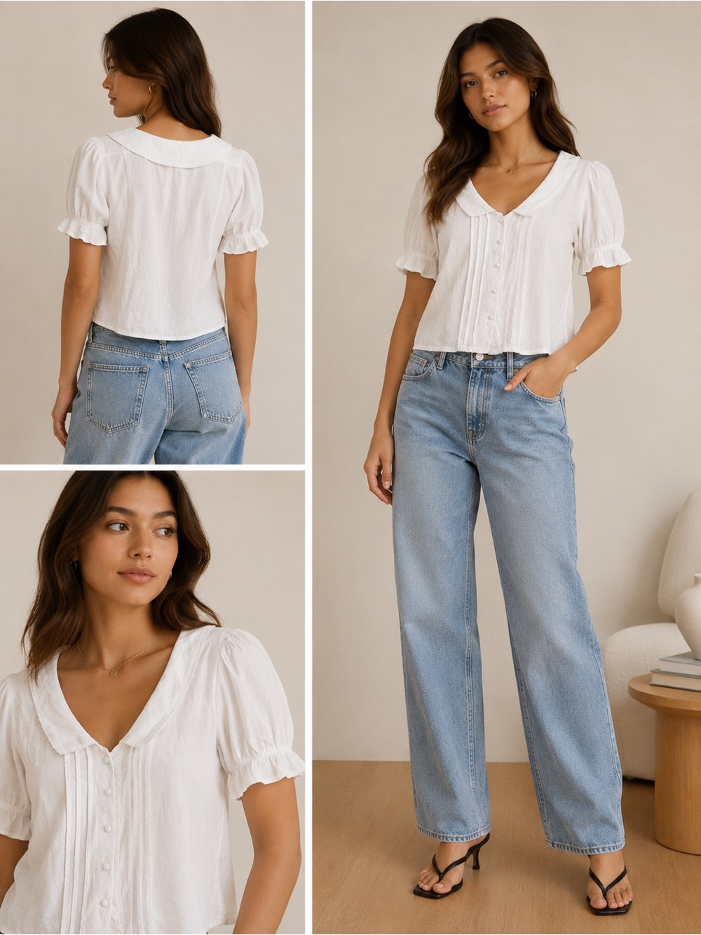 Aritzia White Pintuck Button-Front Puff Sleeve Blouse